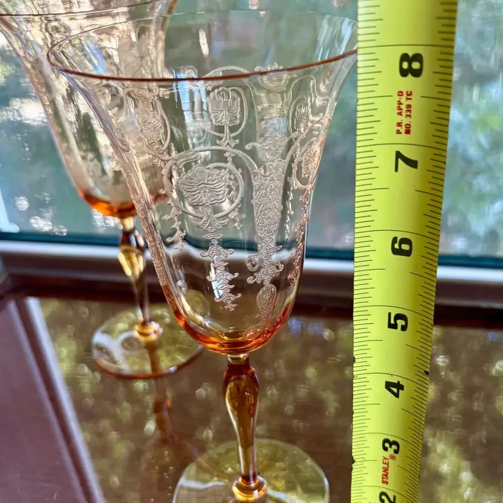 Set of 2 1940s Vintage Etched Amber Stem Wine Goblets Art Deco Glass UV Red Glow